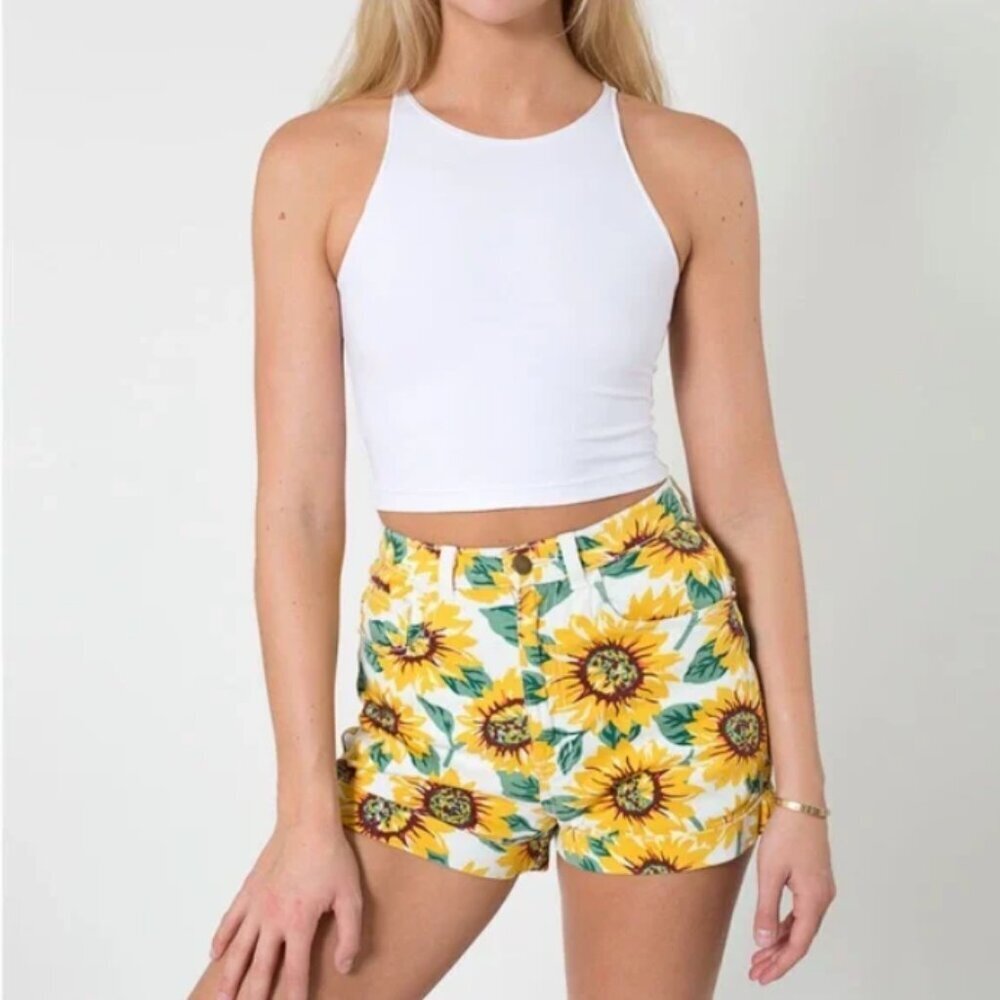 American Apparel Sunflower Print Jean Shorts - Yellow and Green